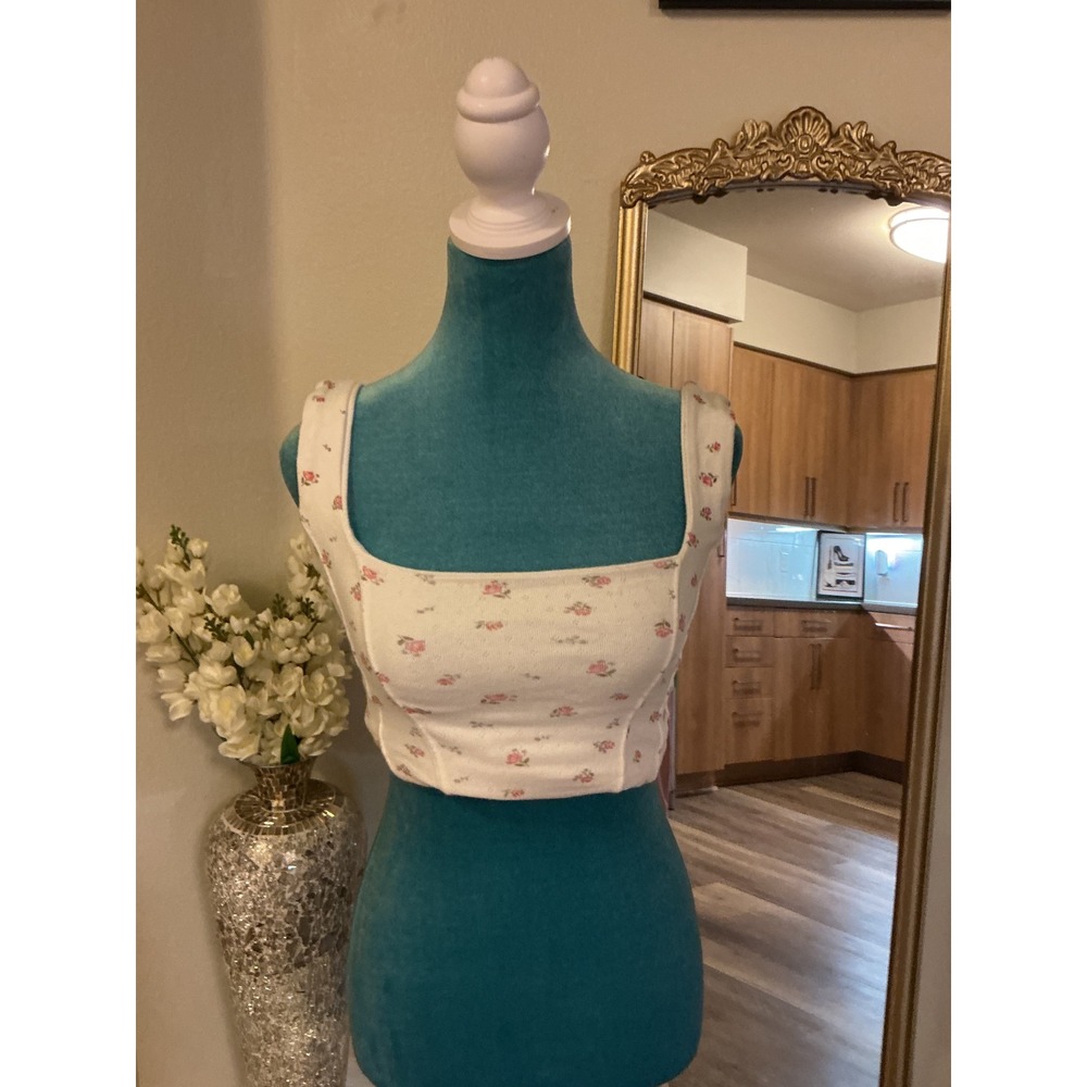 Floral Square Neck Corset Style Crop Top White Pink Rosebud Cottagecore Shirt - Picture 3 of 8